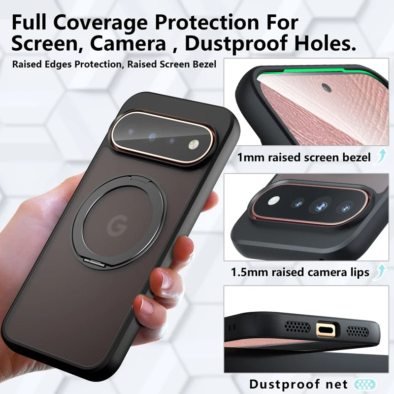 Frosted Matte Translucent Case with 360° Rotating Ring Stand for Google Pixel 11 Series