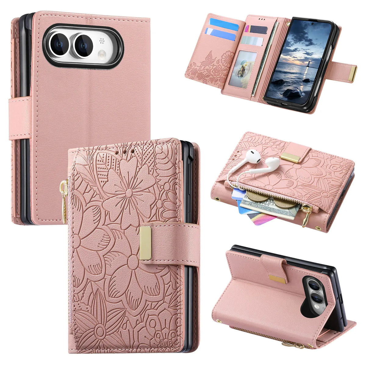 Embossed Leather Wallet Flip Case with Adjustable Stand for iPhone Duo