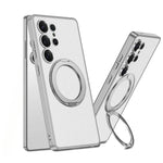 Electroplate Leather Shockproof Magnetic Case with Rotating Ring Bracket for Samsung Galaxy S25 Ultra