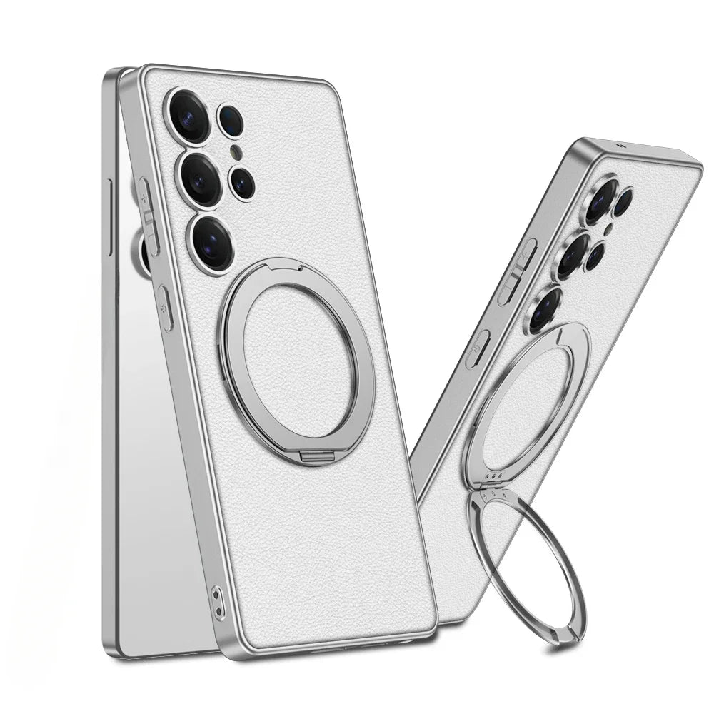 Electroplate Leather Shockproof Magnetic Case with Rotating Ring Bracket for Samsung Galaxy S25 Ultra