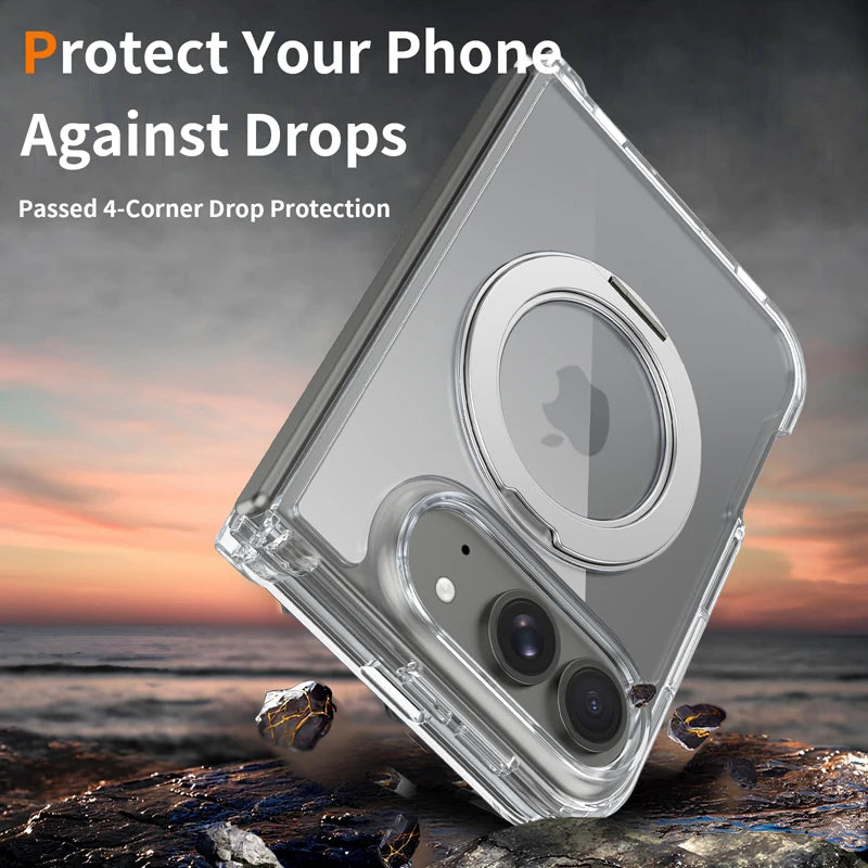 Shockproof Transparent MagSafe Case with 360° Rotating Ring Stand for iPhone Duo