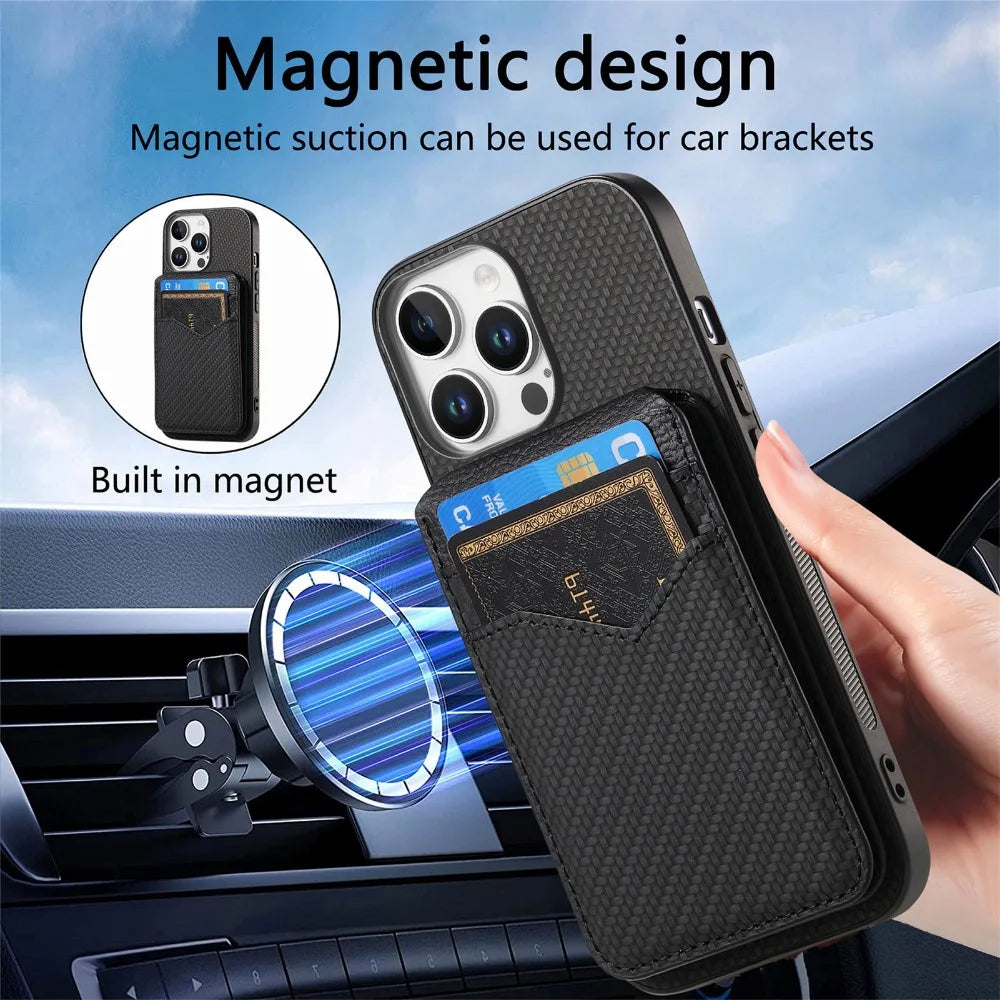 iPhone 15 Series Carbon Fiber MagSafe Case with Magnetic Wallet