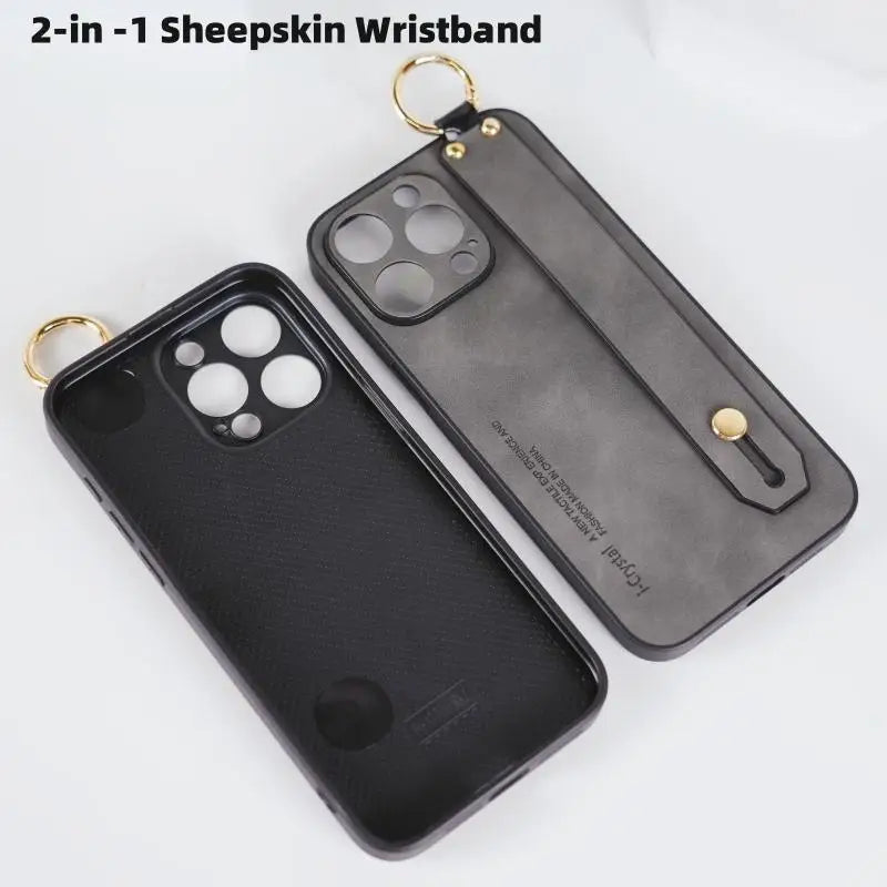 Sheepskin Leather Phone Case with Wrist Strap & Ring for iPhone 16 Series