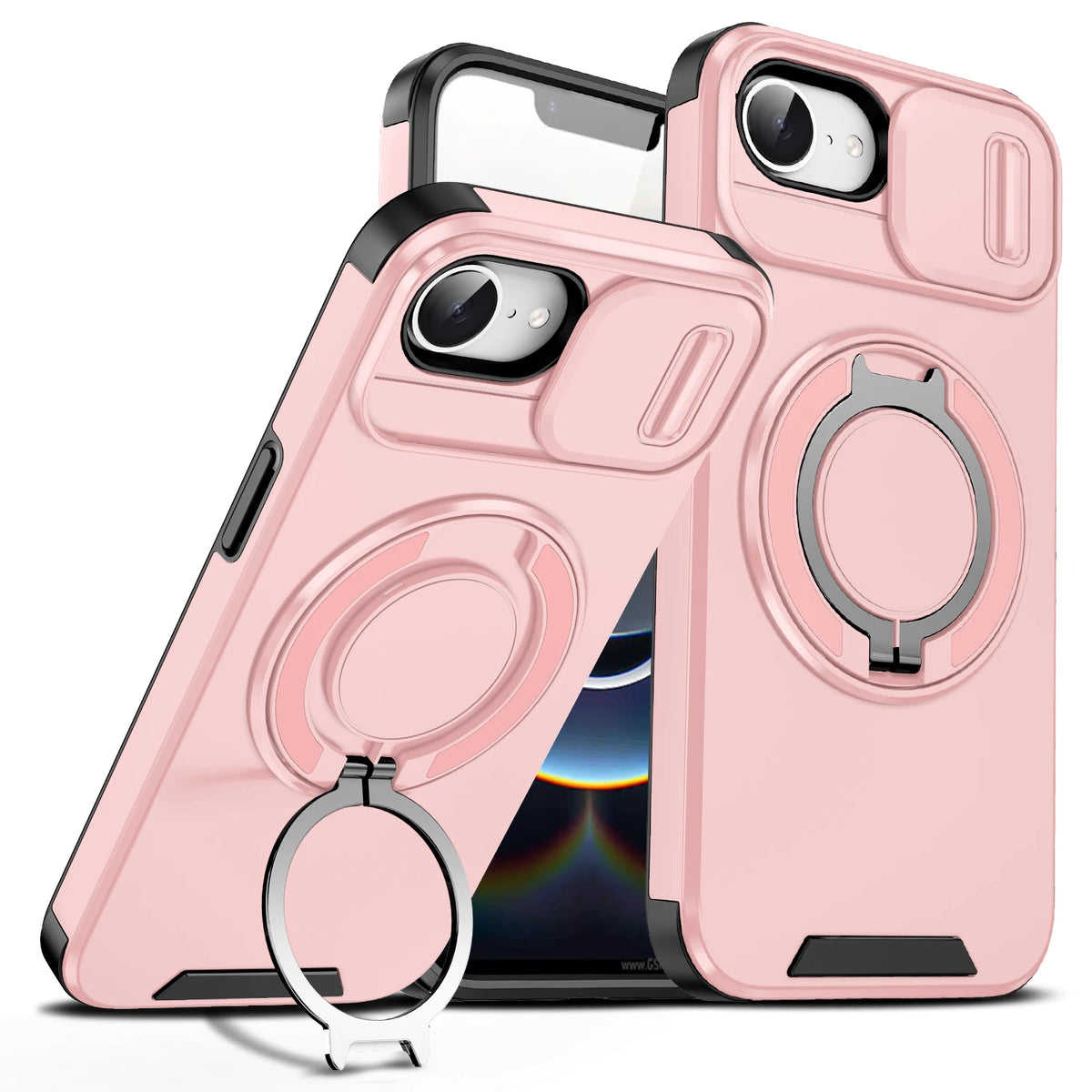 Sliding Lens Cover Shockproof Case with 360° Rotating Ring Stand for iPhone 16e