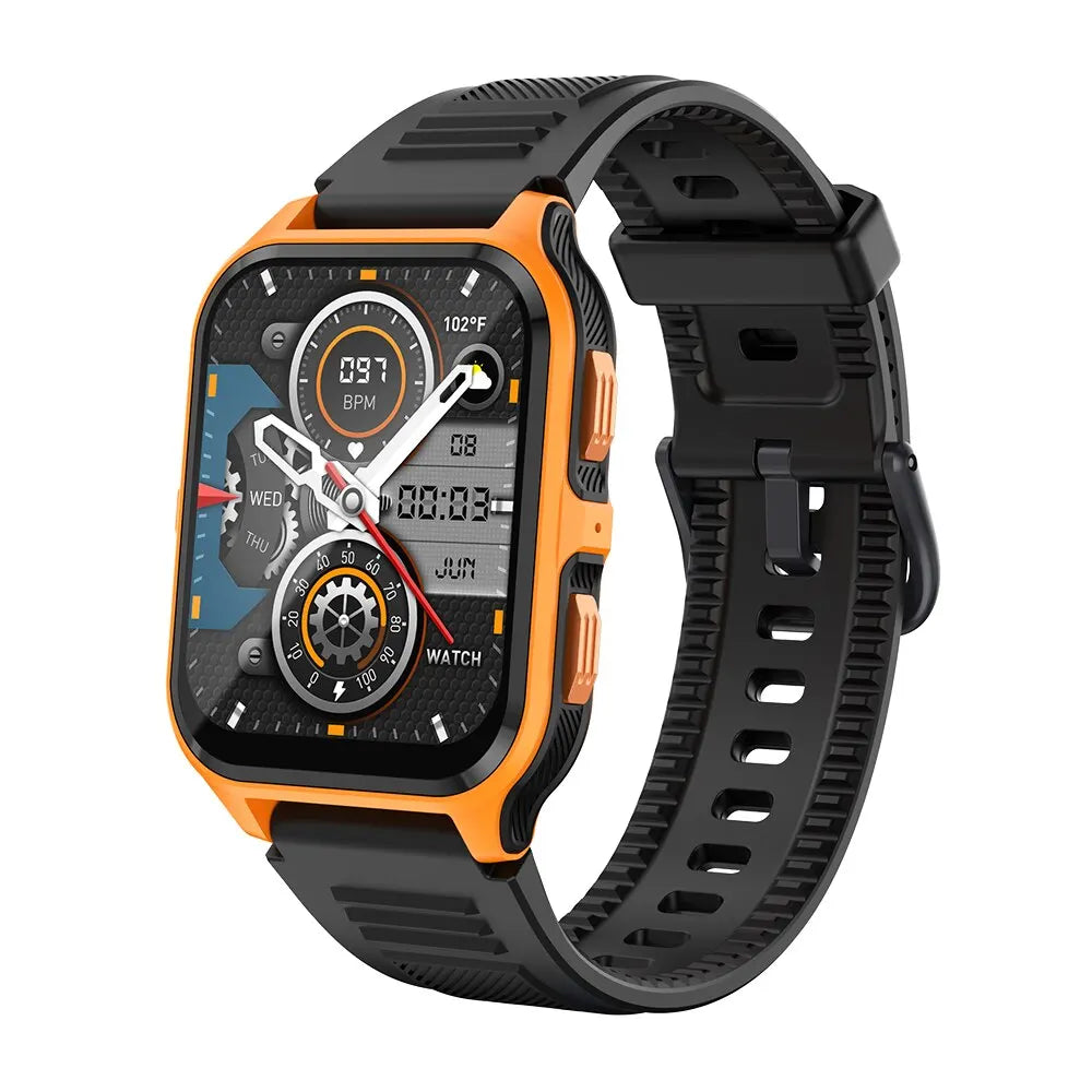 Smartwatch with black and orange design on a white background