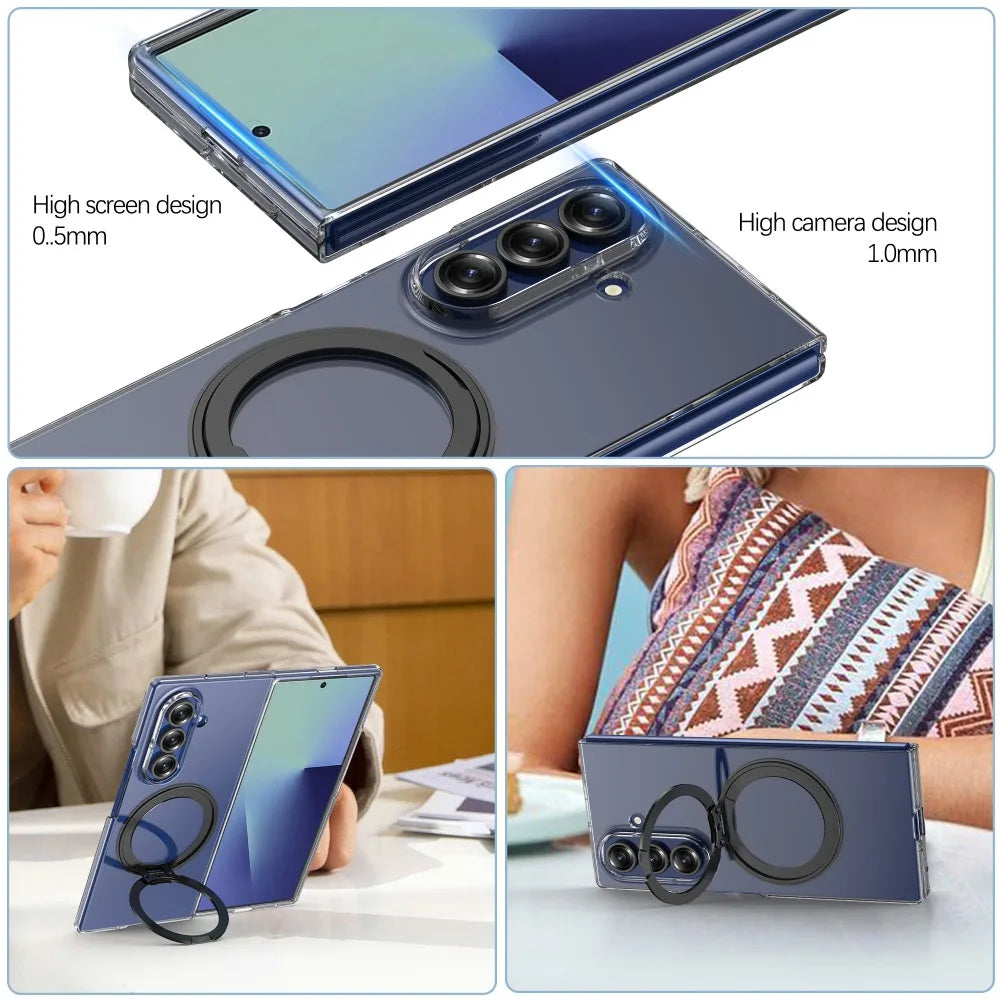 Samsung Galaxy Z Fold 7 Shockproof Clear Case with Rotating Stand
