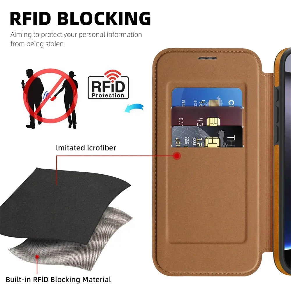 Premium Leather Flip Wallet MagSafe Case for iPhone 15 Series