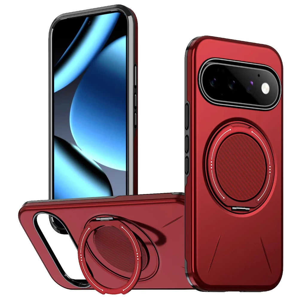 Carbon Fiber Dual-Layer Armor Case with 360° Rotating Magnetic Ring Stand for Google Pixel 11 Series