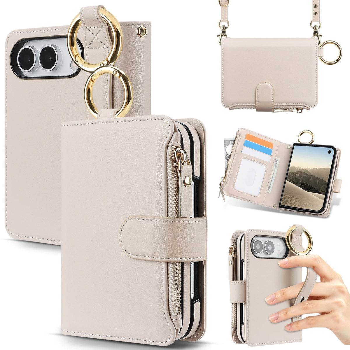 Zipper Wallet Case with Ring Hanger and Card Slots for iPhone Duo
