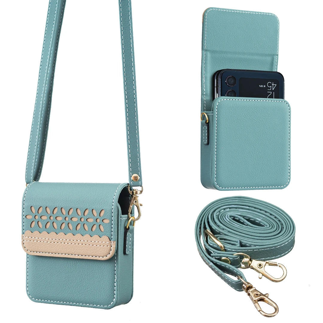 Luxury Embossed Small Flower Leather Bag Case with Long Lanyard for Samsung Galaxy Z Flip 7