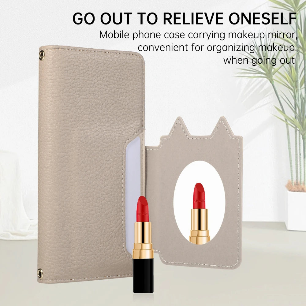 Leather Folio Wallet Case with Strap and Mirror for iPhone 17 Series