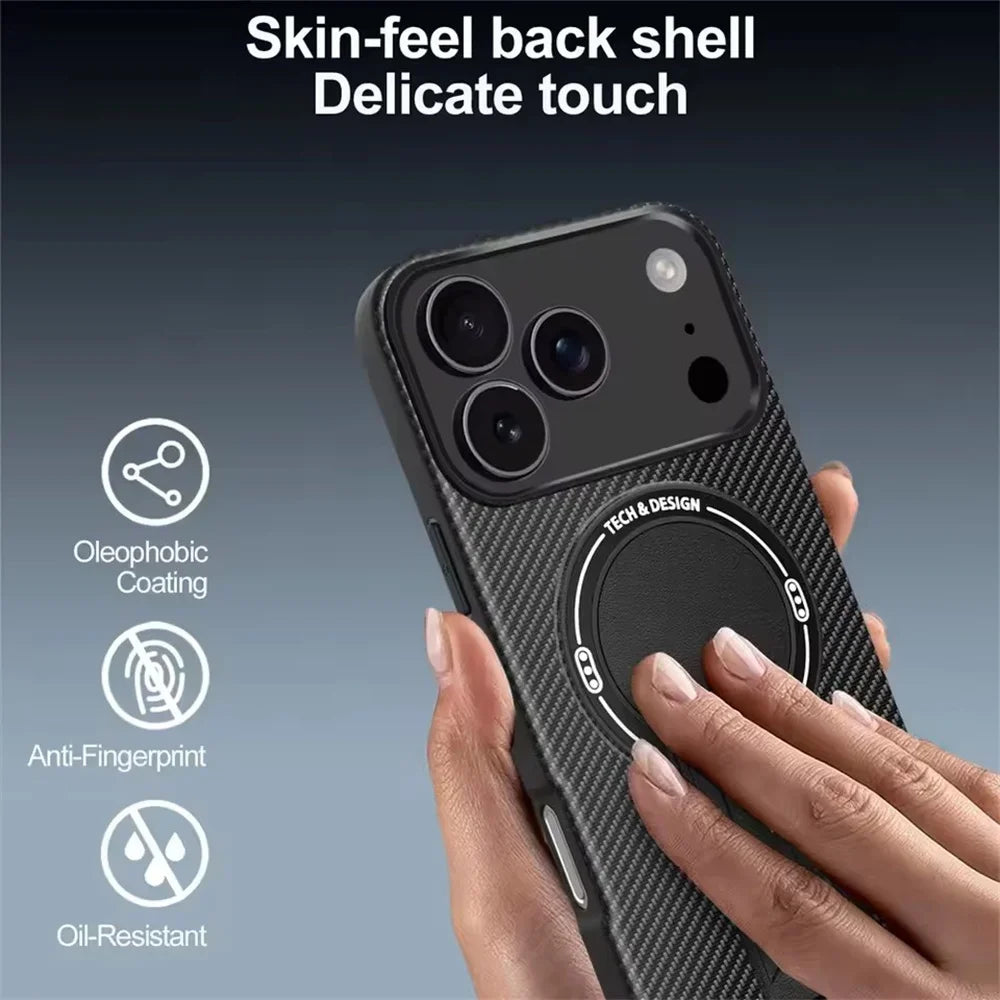 Military-Grade Luxury Carbon Fiber Pattern MagSafe Case with Foldable Stand for iPhone 17 Series