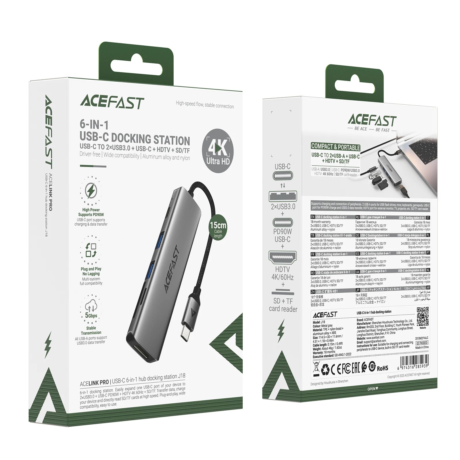 ACEFAST J18 6-in-1 USB-C Dock with 90W Power Delivery