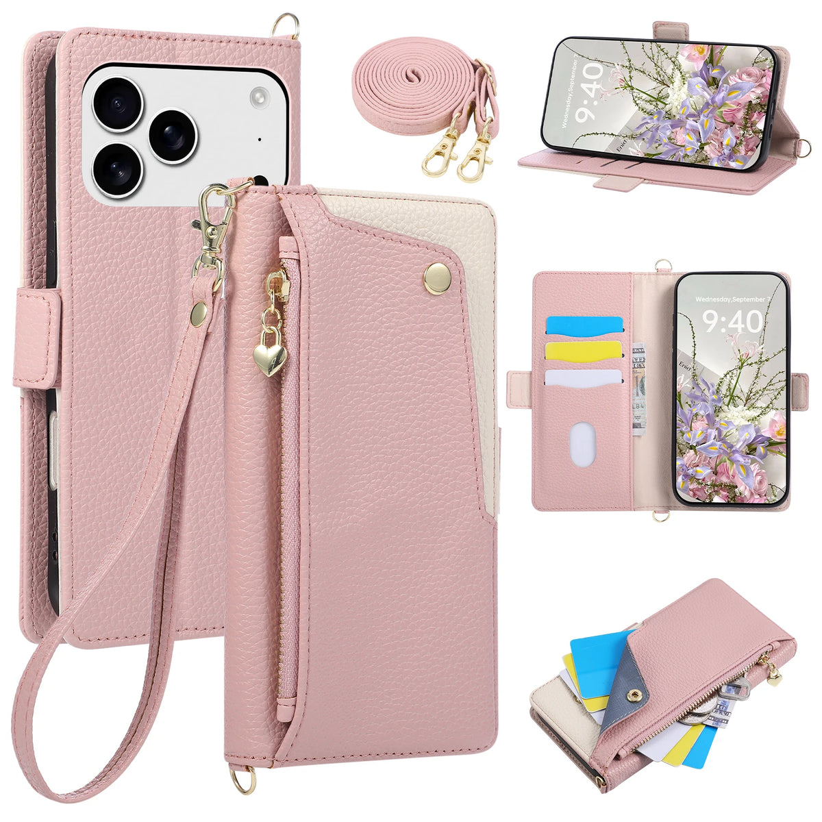 Pebbled Leather Crossbody Wallet Case with Detachable Shoulder Strap for iPhone 18 Series