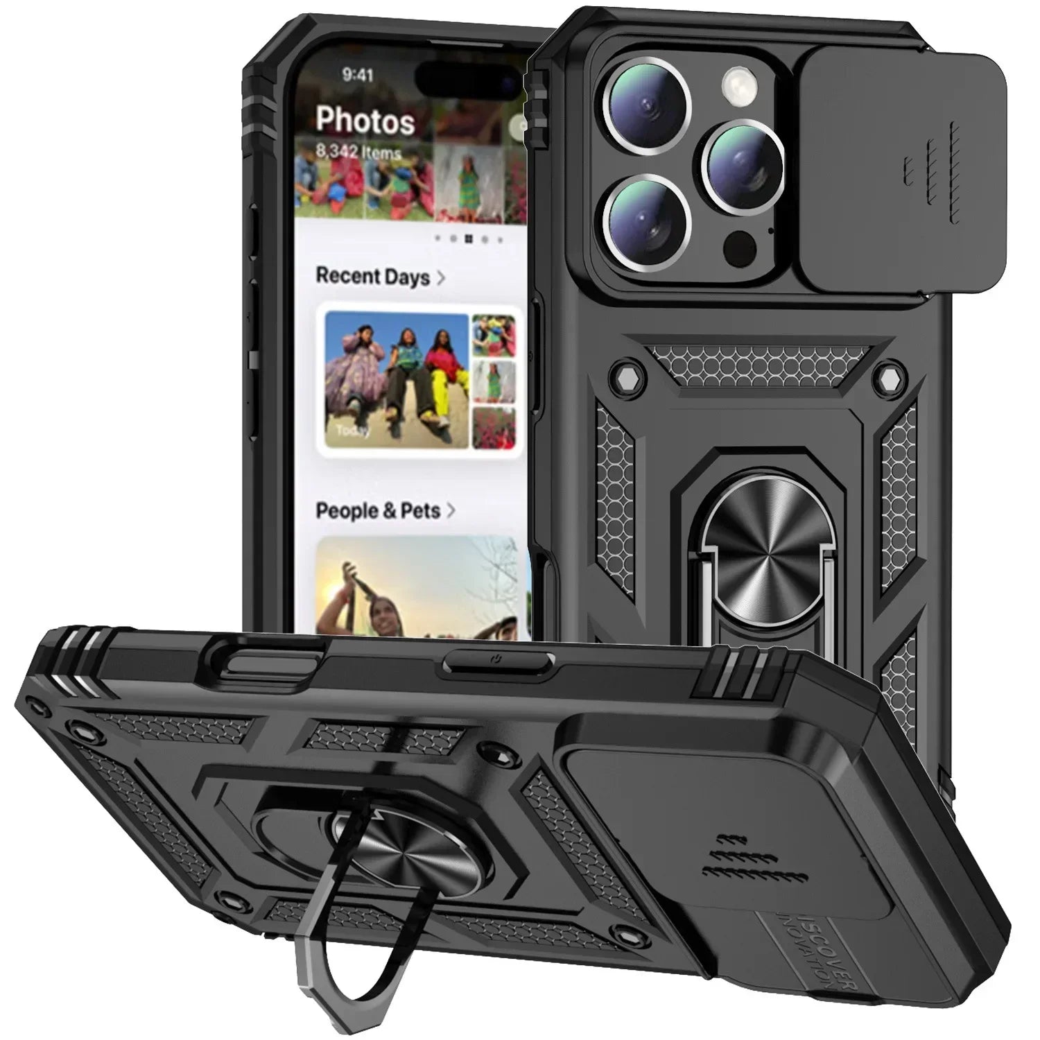 Military-Grade Armor Case with Rotating Ring Stand & Slide Camera Lens for iPhone 16 Series