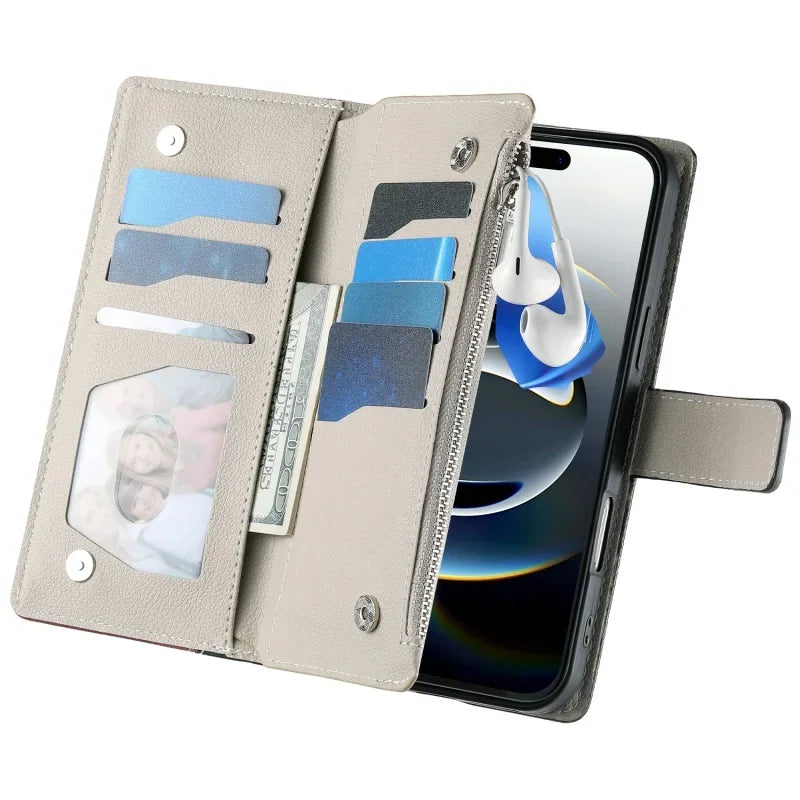 Leather Flip Crossbody Case with Multi-Card Zipper Wallet & Lanyard for iPhone 16 Series