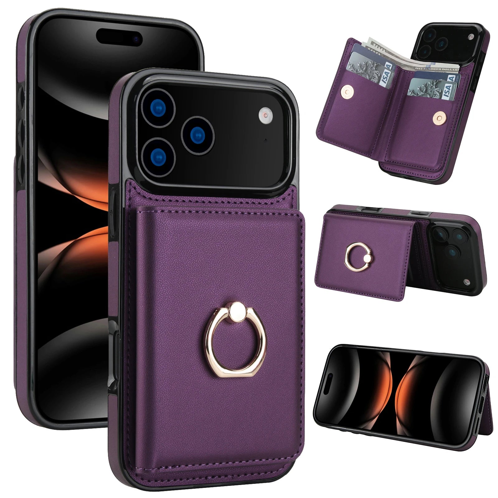 iPhone 17 Series Leather Case with Card Holder and Kickstand