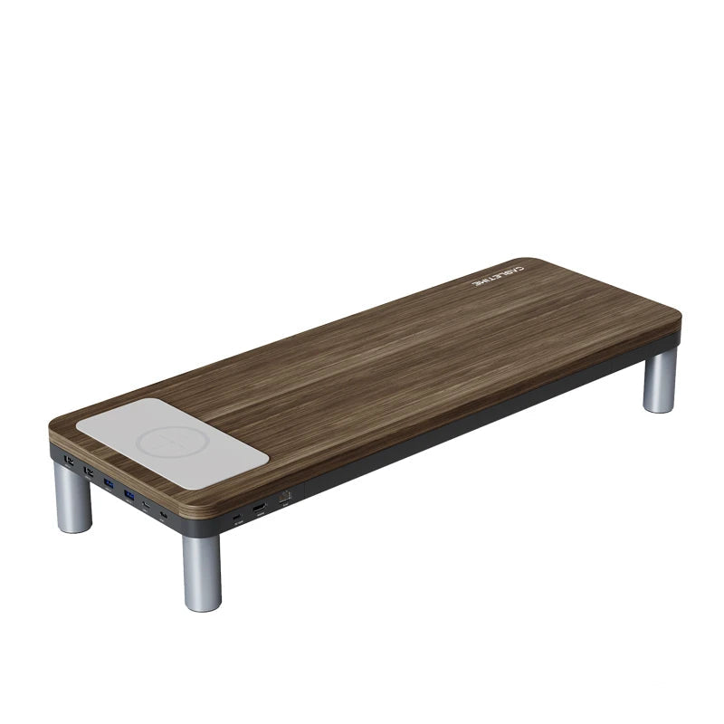 Wooden desk with electronic components on a white background