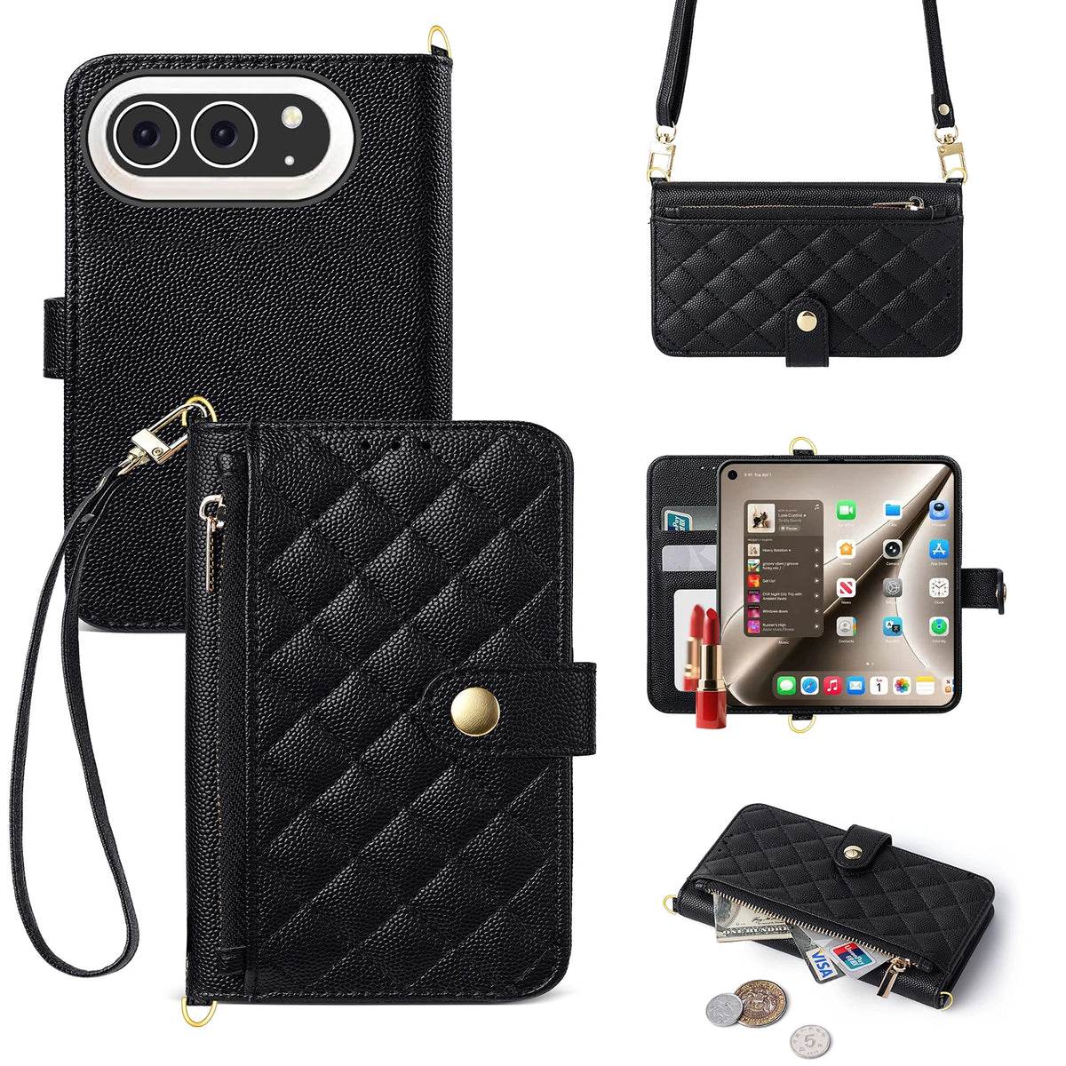 Quilted Leather Crossbody Wallet Case with Detachable Strap for iPhone Duo