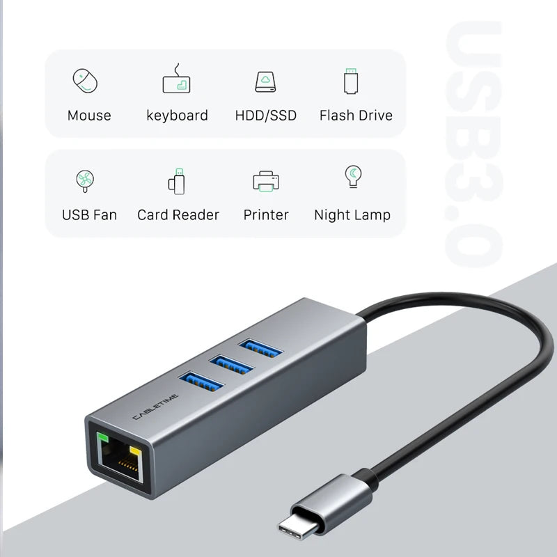 CABLETIME Gigabit Ethernet Adapter 3-Port USB-C Hub