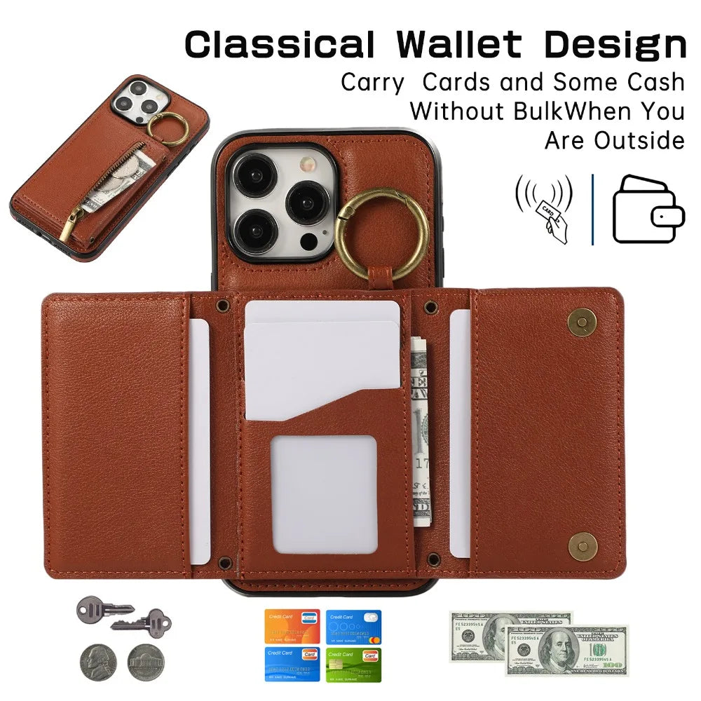 Crossbody Zipper Wallet Phone Case with Ring and Card Holder for iPhone 16 Series