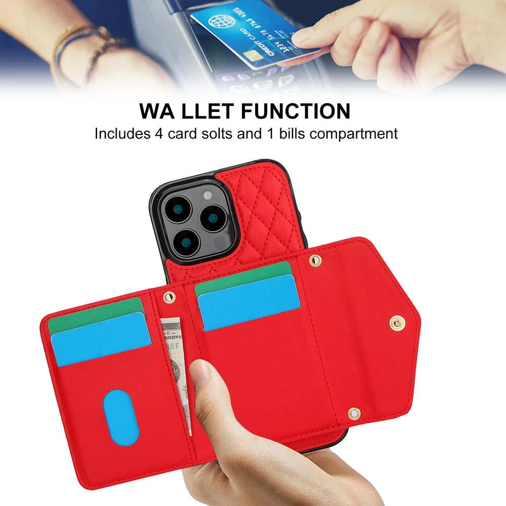 Crossbody Leather Wallet Case with Card Slots & Lanyard for iPhone 16 Series