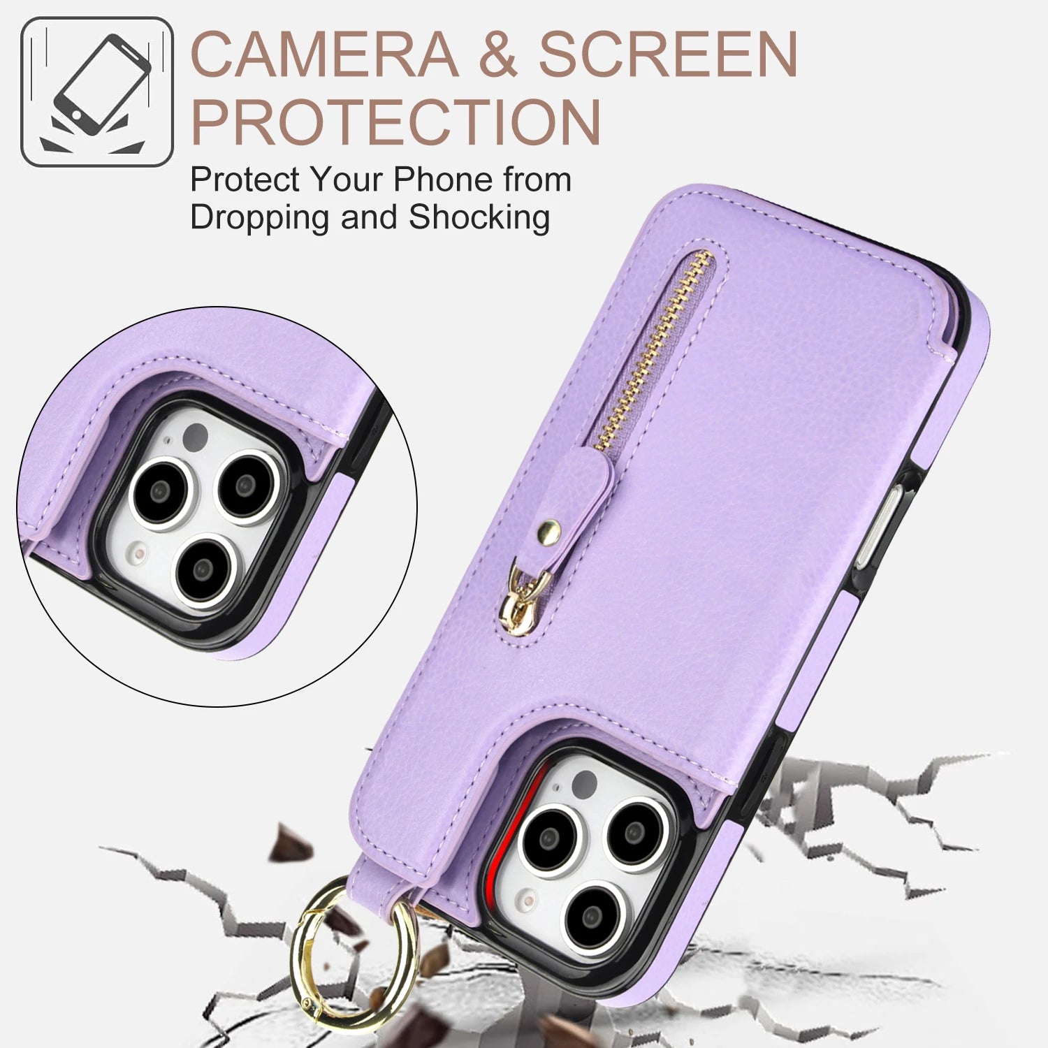 Protective Leather Case with Zipper Wallet & Ring Holder for iPhone 15 Series