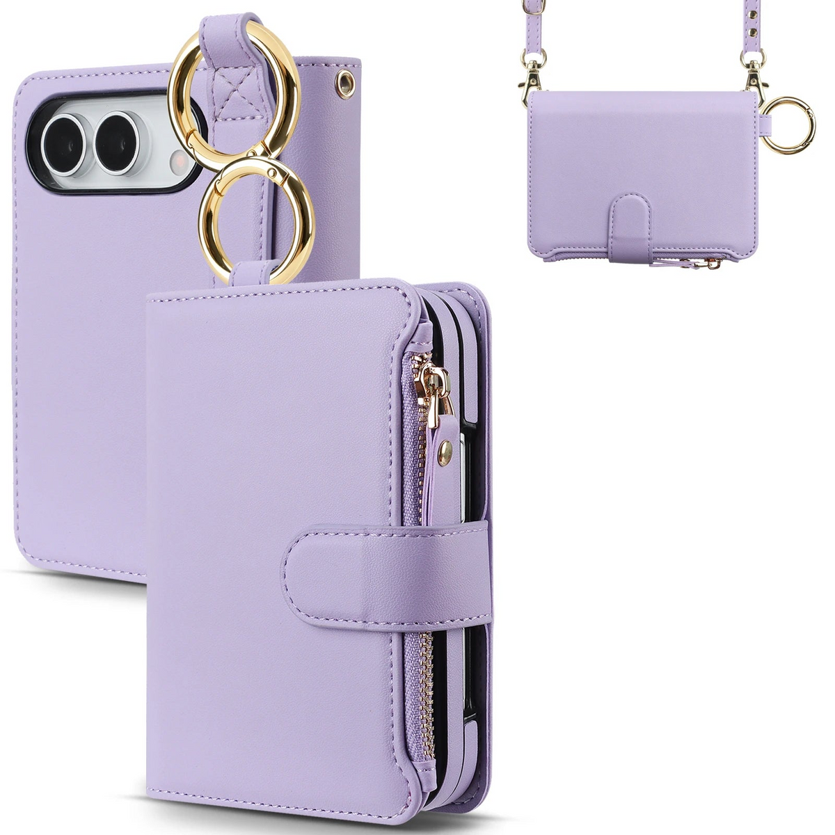 Zipper Wallet Case with Ring Hanger and Card Slots for iPhone Duo