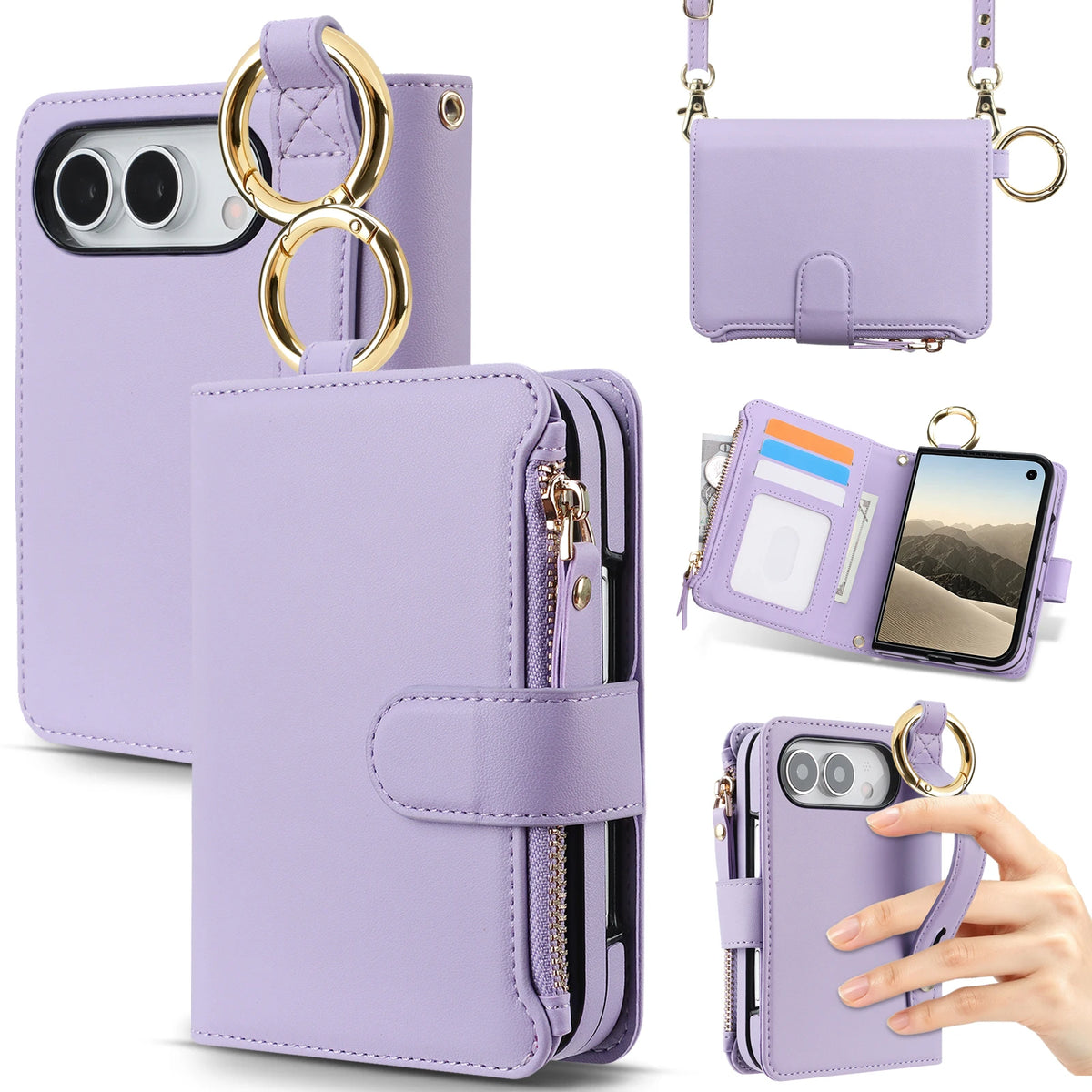 Zipper Wallet Case with Ring Hanger and Card Slots for iPhone Duo