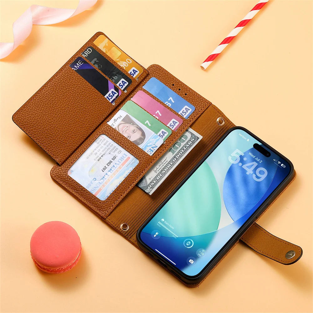 RFID Blocking Leather Zipper Wallet Phone Case with Wrist Strap for iPhone 17 Series