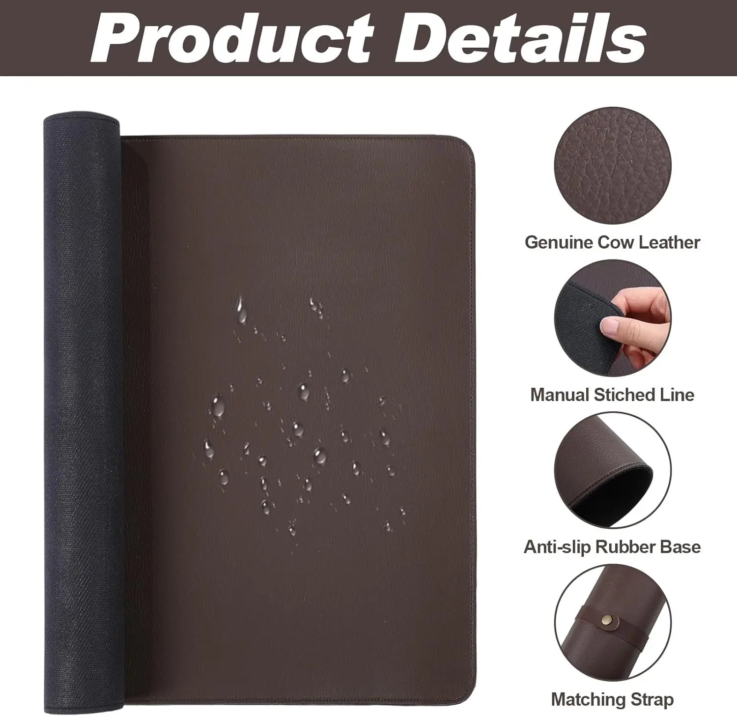 Large Leather Desk Pad with Stitched Edges and Rubber Base