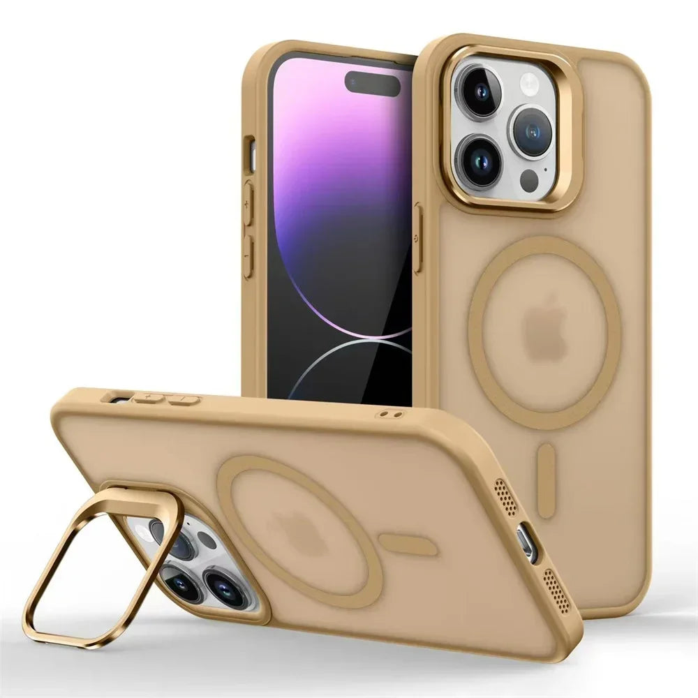 Shockproof Matte MagSafe Case with Metal Lens Stand for iPhone 15 Series