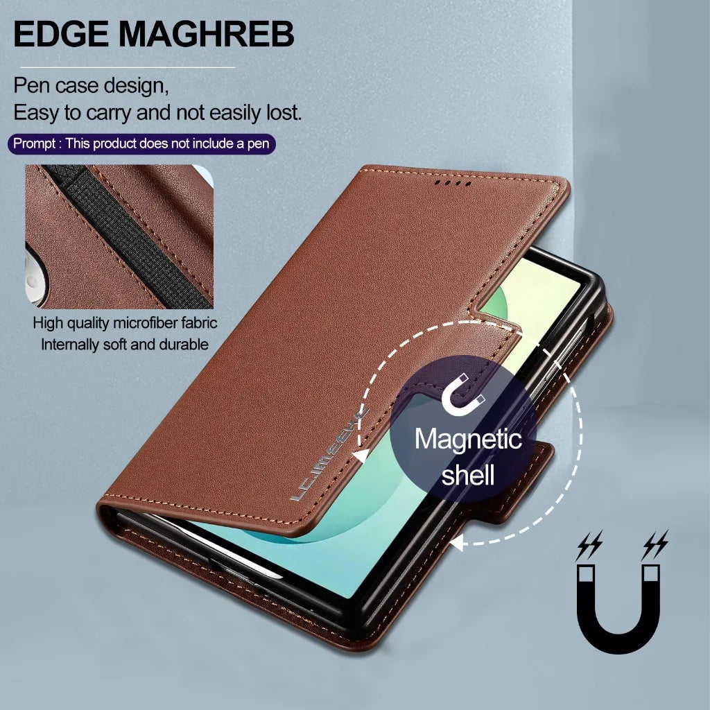 Genuine Leather Hinge Protection Wallet Case with Magnetic S Pen Slot for Samsung Galaxy Z Fold 8