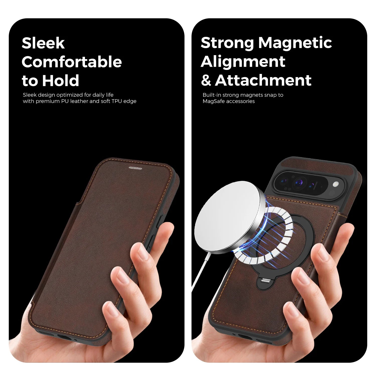 Google Pixel 9 Series Leather Flip Case with Card Slot and Magnetic Ring Holder