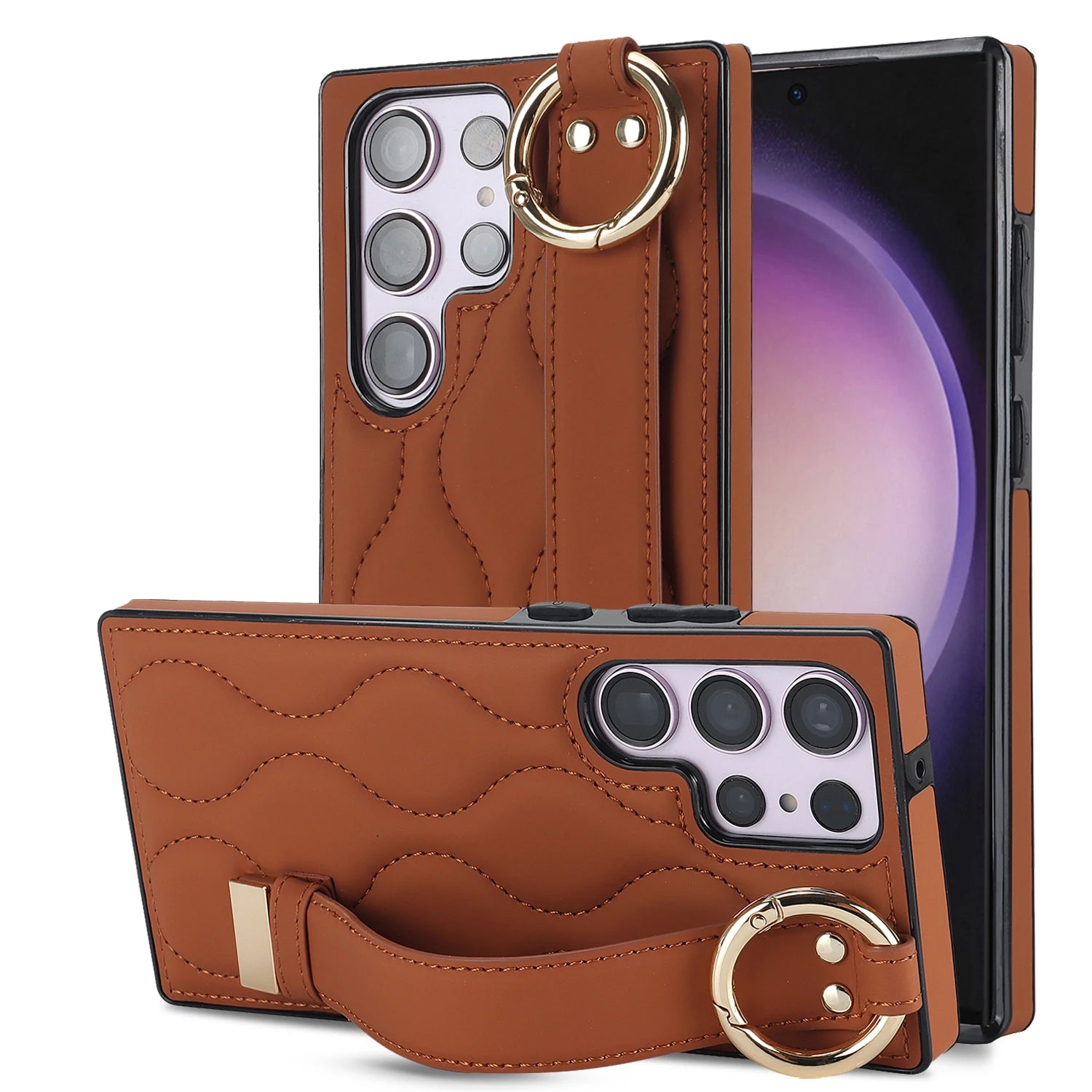 Shockproof Leather Phone Case with Wrist Strap & Ring for Samsung Galaxy S23 Series