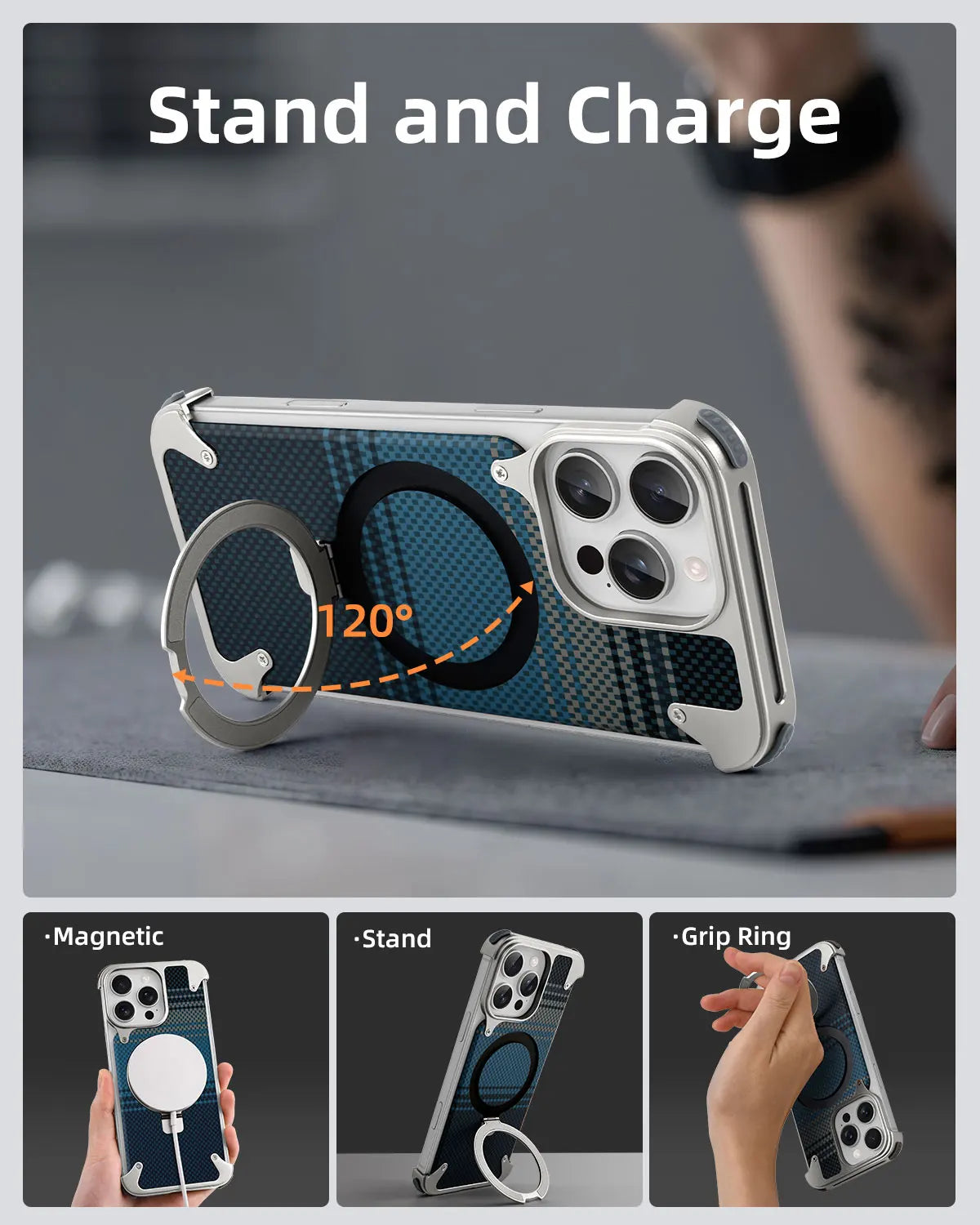 Carbon Fiber Textured Magnetic Case with Kickstand for iPhone 16 Pro and iPhone 16 Pro Max