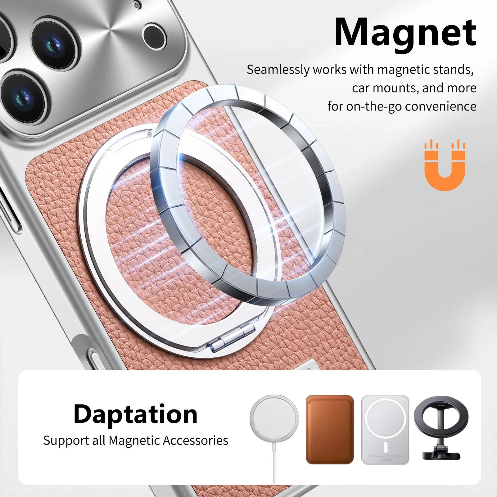 MagSafe Compatible Lychee Leather Case with 360° Kickstand for iPhone 17 Series
