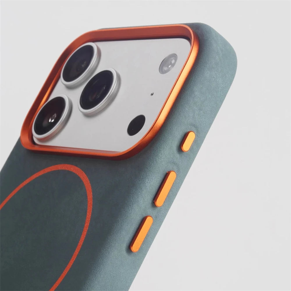 Luxury Elephant Grain PU Leather MagSafe Case with Alloy Lens Frame for iPhone 17 Series