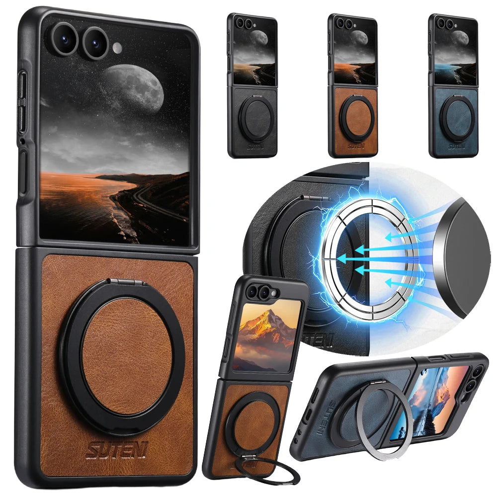 Textured Leather Magnetic Case with Rotating Ring for Samsung Galaxy Z Flip 8