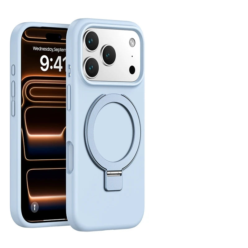 Matte Liquid Silicone Magnetic Case with Rotating Ring Holder for iPhone 17 Series