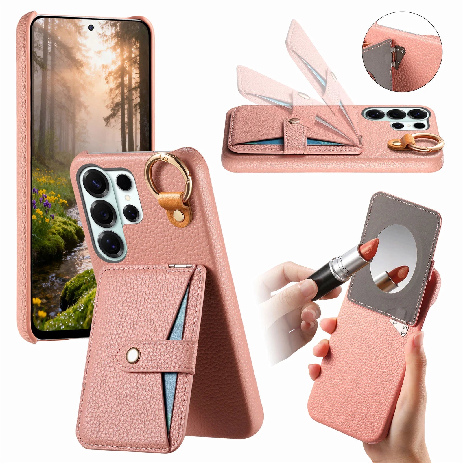 Grain Leather Flip Case with Built-In Makeup Mirror and Ring Holder for Samsung Galaxy S25 Series