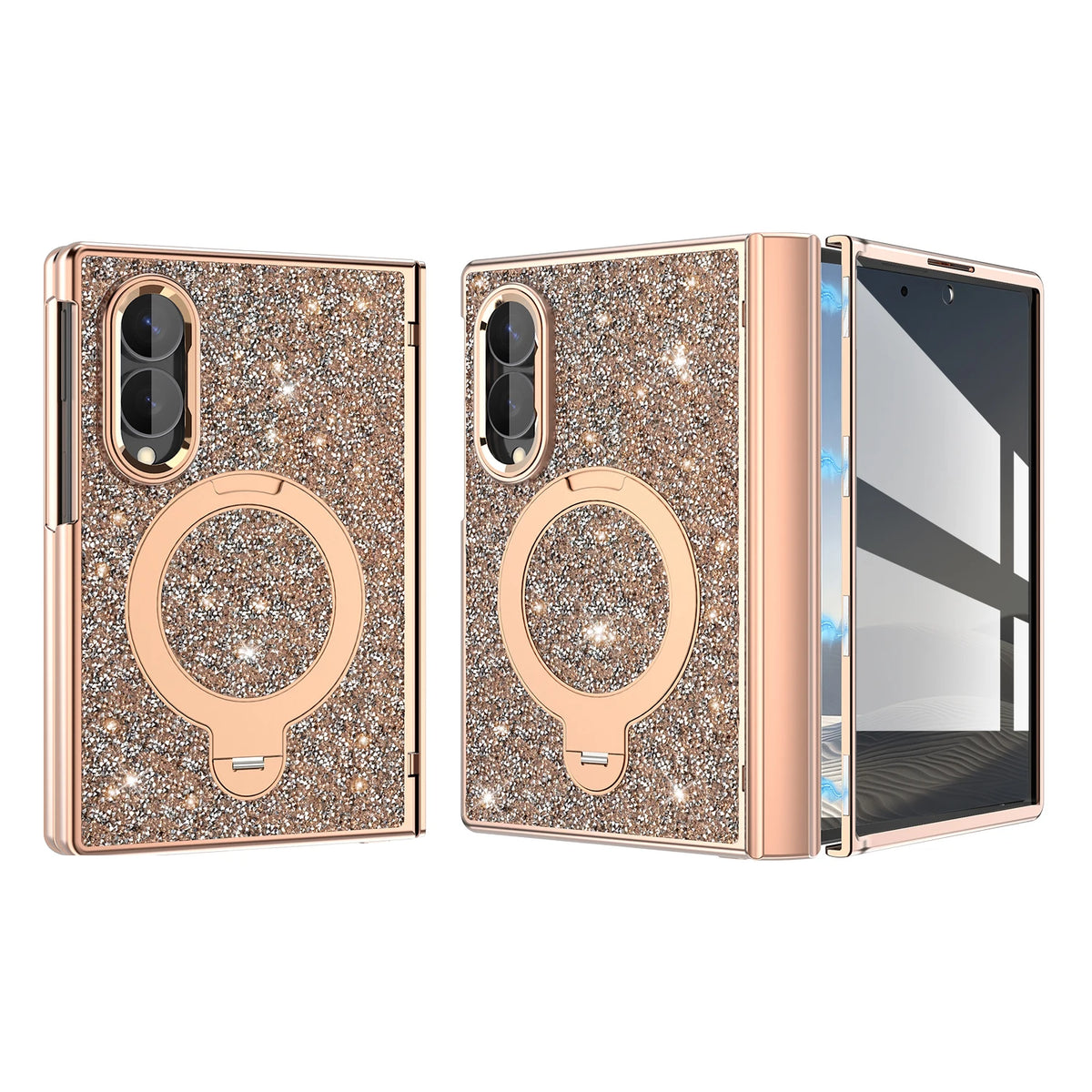 Glitter Case with Hinge Guard and Rotating Magnetic Ring Stand for Samsung Galaxy Z Fold 8