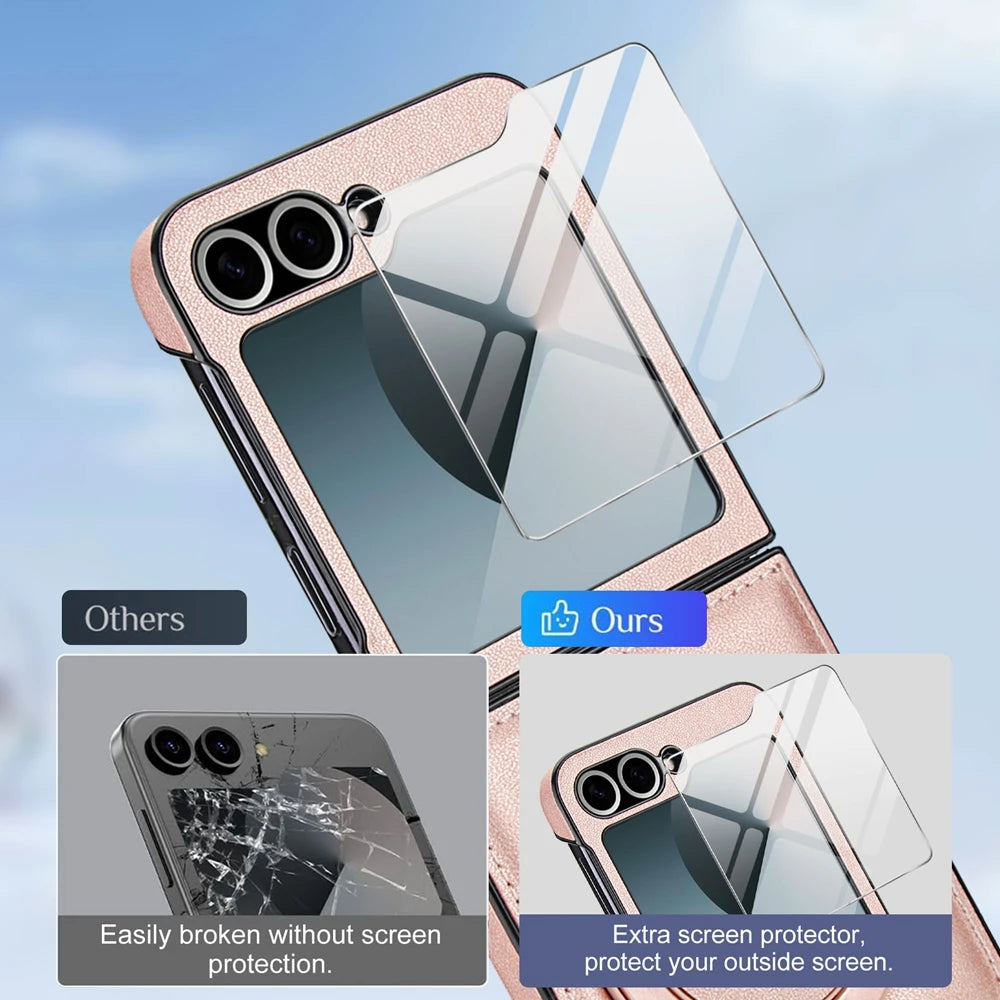 Protective Leather Magnetic Case with Ring Bracket & Glass Film for Samsung Galaxy Z Flip 6