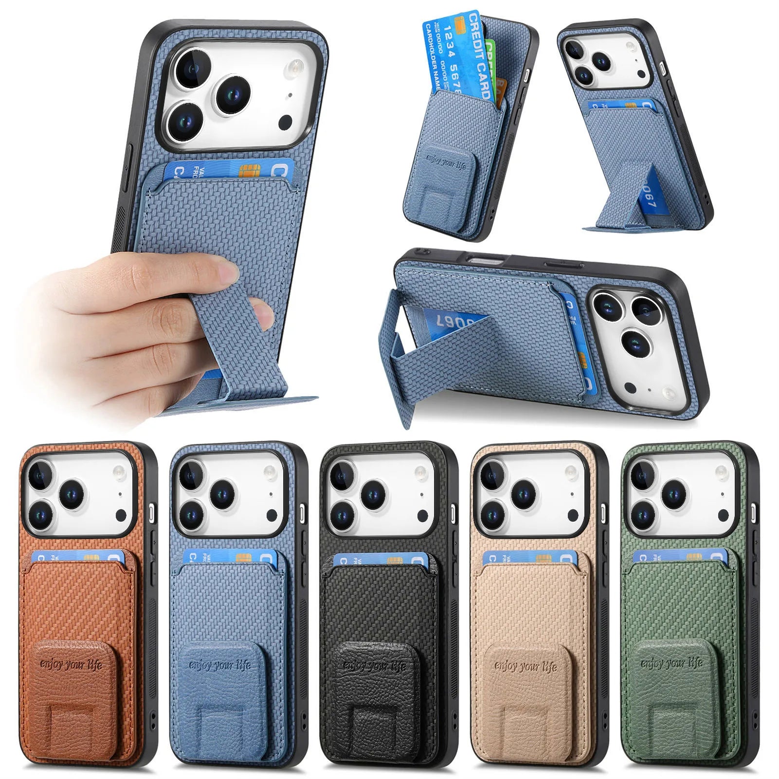Carbon Fiber Pattern Magnetic Leather Wallet Case with Invisible Kickstand for iPhone 17 Series
