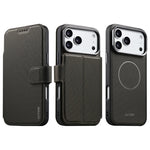 Three views of a black textured wallet phone case with a magnetic ring, shown on a plain white background. The views display the front cover, the side with the strap, and the back with the MagSafe ring.