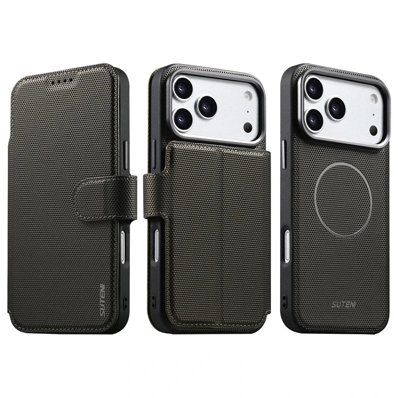Three views of a black textured wallet phone case with a magnetic ring, shown on a plain white background. The views display the front cover, the side with the strap, and the back with the MagSafe ring.