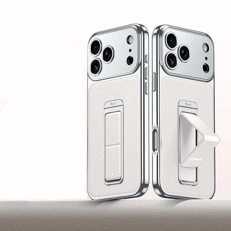 Luxury Business Leather Case with Alloy Kickstand and Wrist Strap for iPhone 17 Series