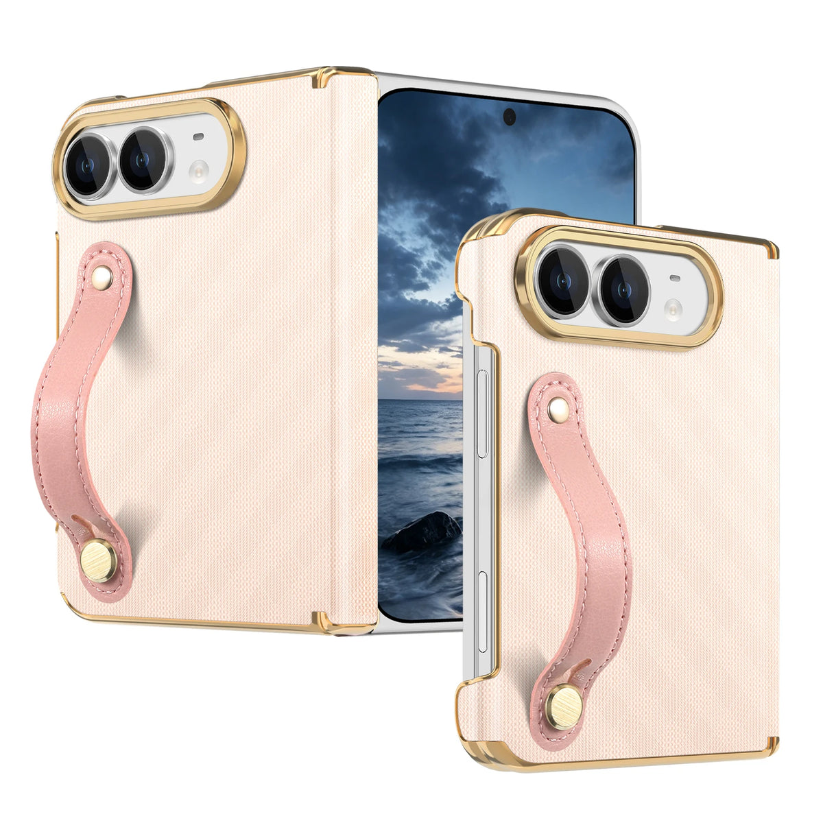 Textured Leather Case with Wrist Strap and Hinge Protection for iPhone Duo