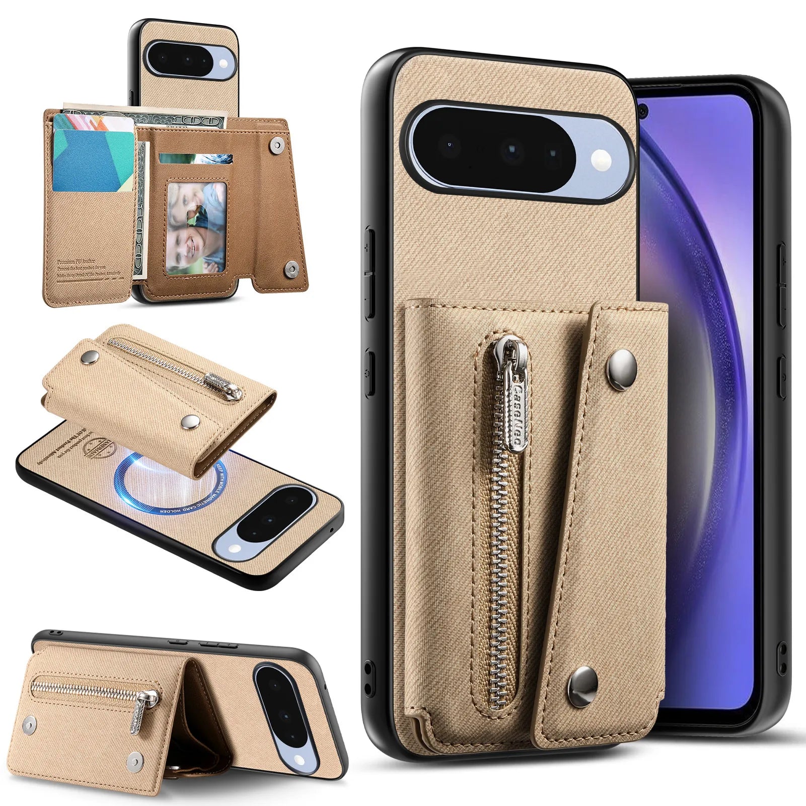 Denim Textured Leather Magnetic Case with Wallet Pocket for Google Pixel 9 Series