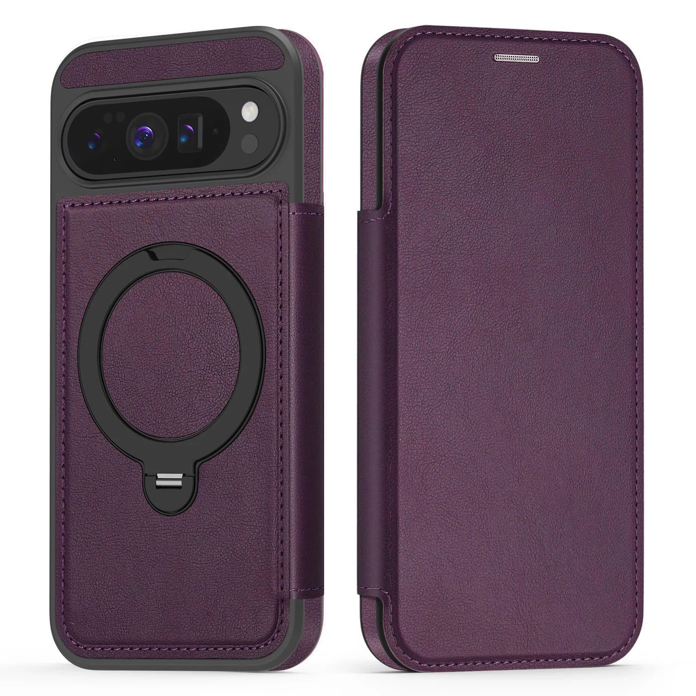 Google Pixel 9 Series Leather Flip Case with Card Slot and Magnetic Ring Holder